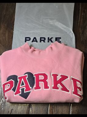 New Parke Jean Heart Blush Varsity  Mockneck L/XL SOLD OUT VALENTINE DAY DROP